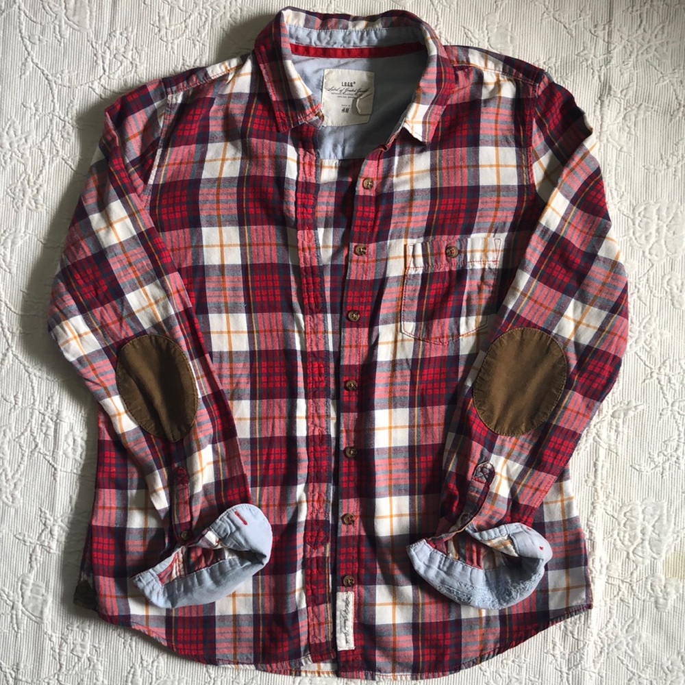 H&M plaid flannel with corduroy patches